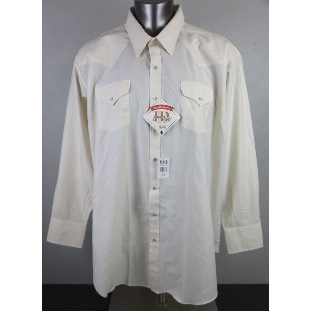 Mens Ely Cattleman Beige Solid Pearl Snap Shirt Size 20 x 36 Tall New Western
